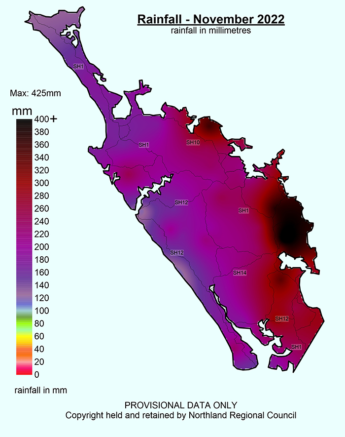 Rainfall map - Rainfall (% of Median) for November 2022 across Northland with a range of 151% to 489%.