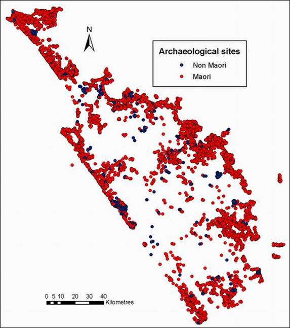Map of archaeological sites in Northland.