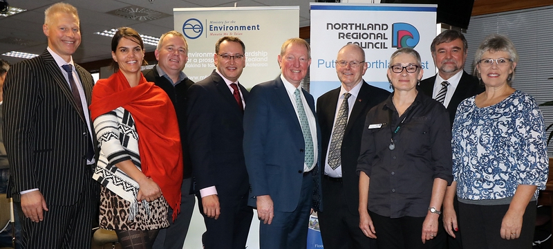 In attendance at the announcement of the Community Environment Funding at NRC Council Chambers this morning (from left to right) WDC CEO Rob Forlong; Chairperson Nicki Wakefield – Otuihau Working Group; NRC Environmental Services Manager Bruce Howse; MP for Whangārei Dr Shane Reti; Environment Minister Dr Nick Smith; NRC Chairman Bill Shepherd; NRC Farm Plan Manager Lorna Douglas; NRC CEO Malcolm Nicolson; WDC Mayor Sheryl Mai.