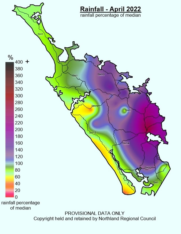 Rainfall (% of Median) for April 2022 across Northland with a range of 252 % to 61%