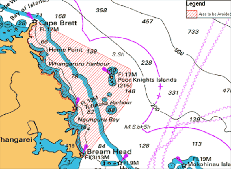 Maritime navigation chart displaying no shipping zone.
