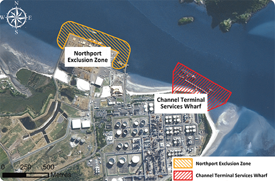 Northport exclusion zone and oil refinery prohibited area.