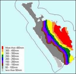 Map colour coded to show rainfall levels.