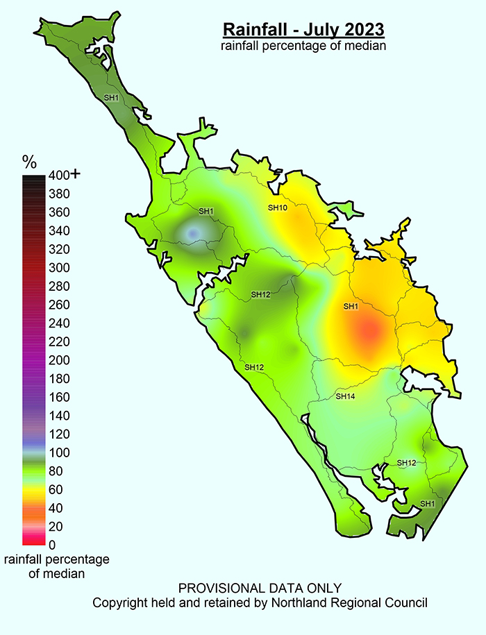 Map showing Rainfall (% of Median) for July 2023 across Northland with a range of 37% to 106%.