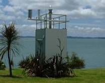 Tide gauge and rainfall equipment installed in the navigational aid building in the Kaipara Harbour at Pouto Point.