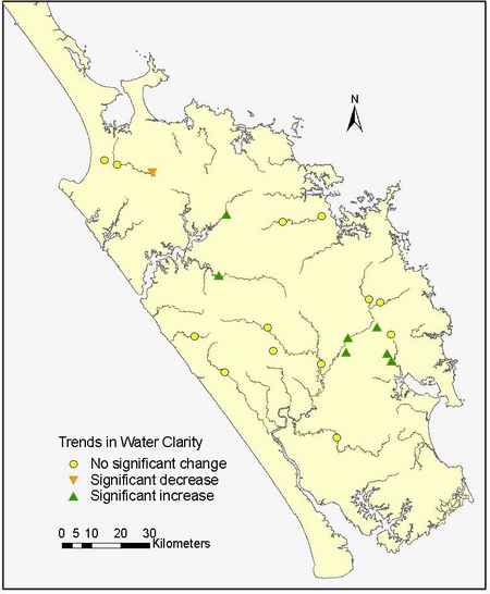 Figure 17: Trends in water clarity (m) at 21 RWQMN sites.