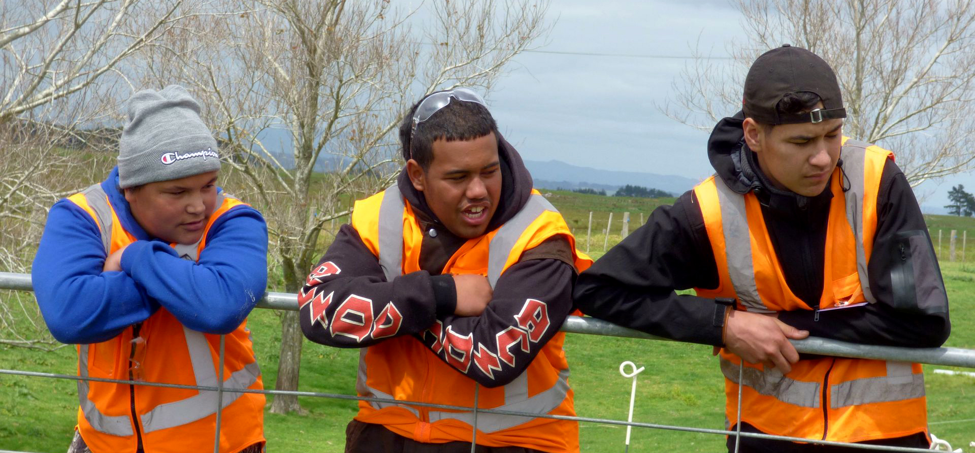 Three rangatahi leaning on a farm gate.