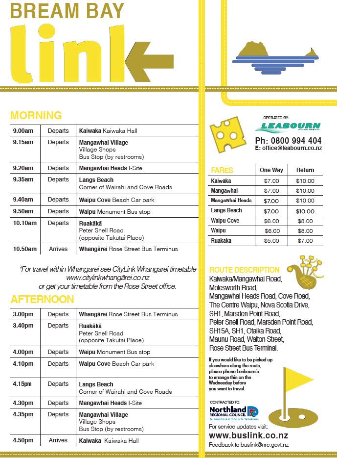 Bream Bay Link timetable.