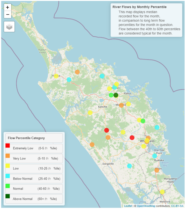 Map displaying river flows in Northland February 2021.
