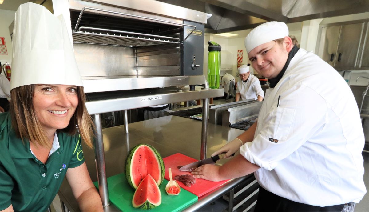 Vivienne Lepper, Biosecurity Manager - Incursions & Response, left, and student chef Liam Dinsdale at NorthTec.