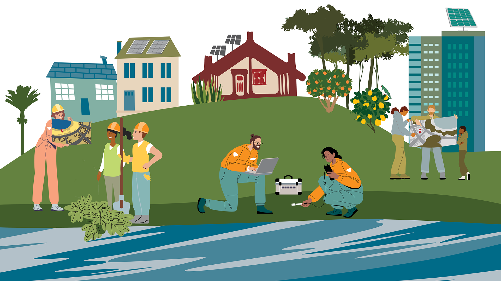 Decorative graphic of town planning scenes.