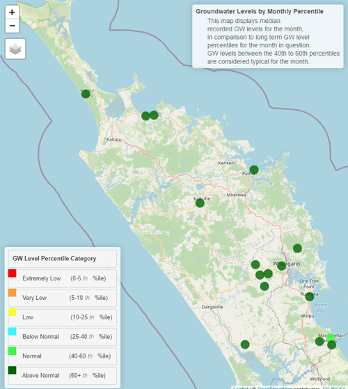Northland groundwater levels map December 2021.