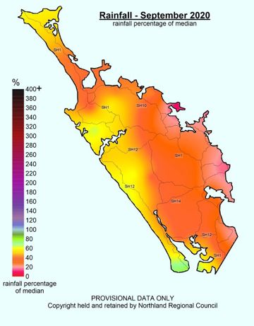 September 2020 rainfall median percentage map.