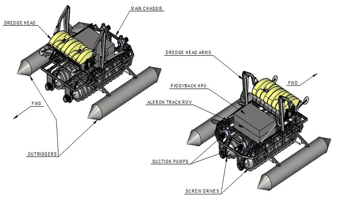 A drawing of two machines to be used to suction caulerpa from the seabed.
