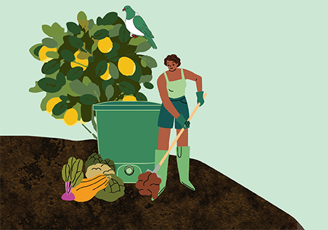A graphic of a woman harvesting food near a tree and bird.