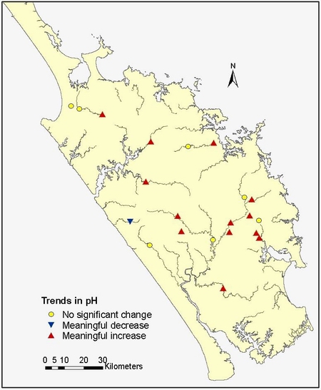 Figure 15: Trends in pH at 21 RWQMN sites.