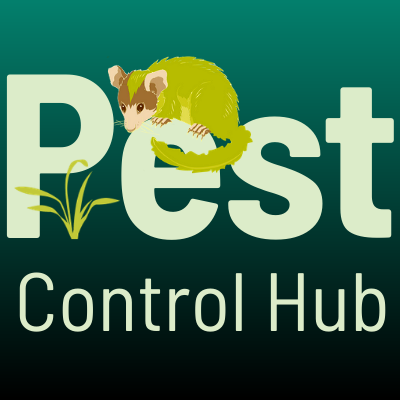 A graphic displaying possum sitting on top the letter 'e', in the title Pest Control Hub.