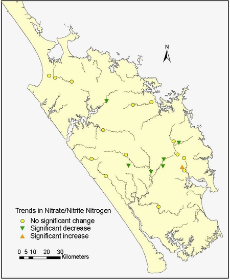 Figure 20: Trends nitrate/nitrite nitrogen (g/m³) at 21 RWQMN sites.