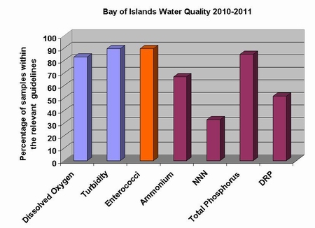 Graph showing percentage of water samples collected from Bay of Islands within relevant guidelines.