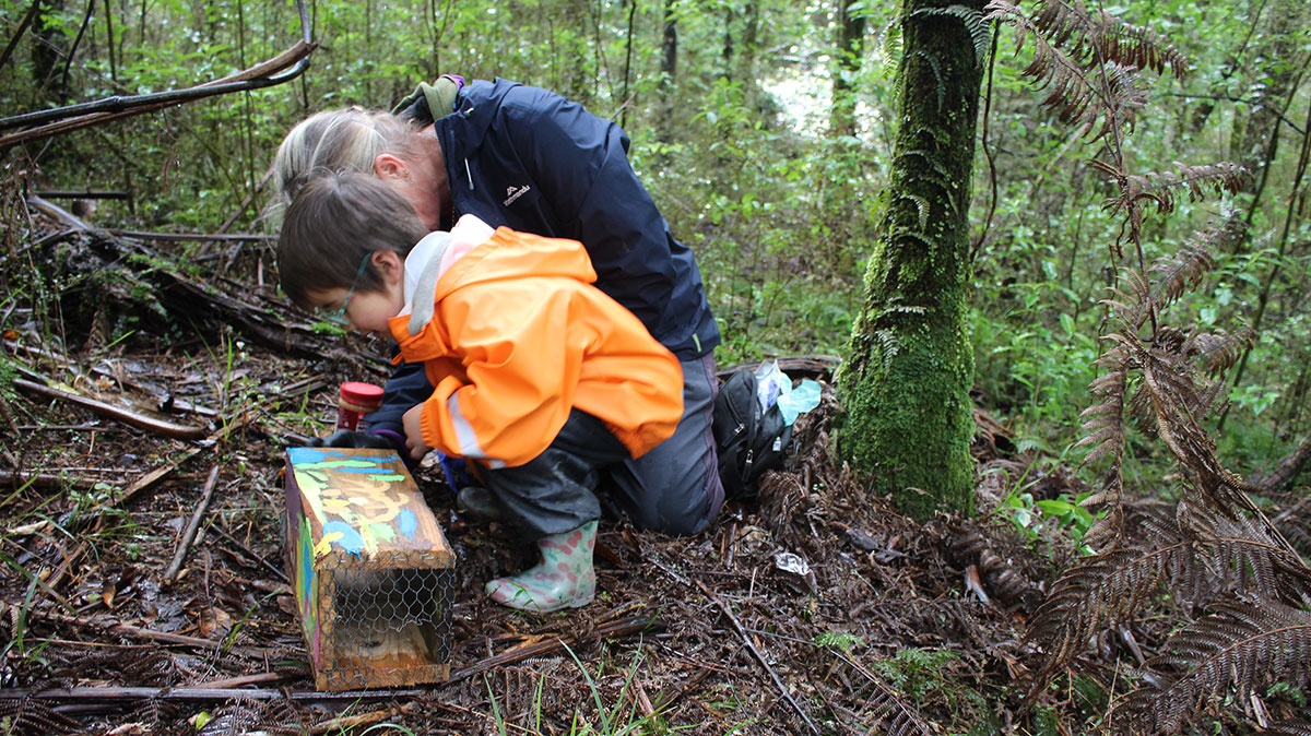 Child and teacher inspect a trap in the bush.