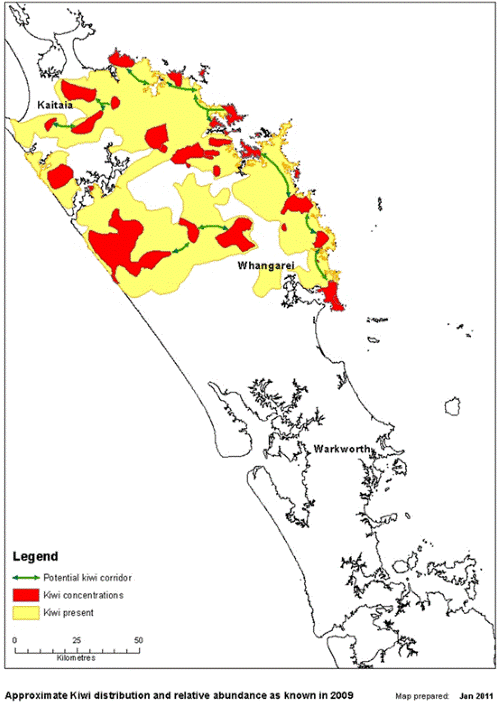 Description: Figure 44: Department of Conservation map showing the approximate distribution of brown kiwi in Northland. 