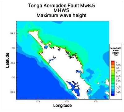 Figure 29: Maximum water surface elevations for a Tonga-Kermadec subduction zone scenario at mean high water spring based on computer modelling. 