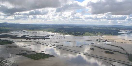 Aerial view of flooding during July 2007 storm in Northland.