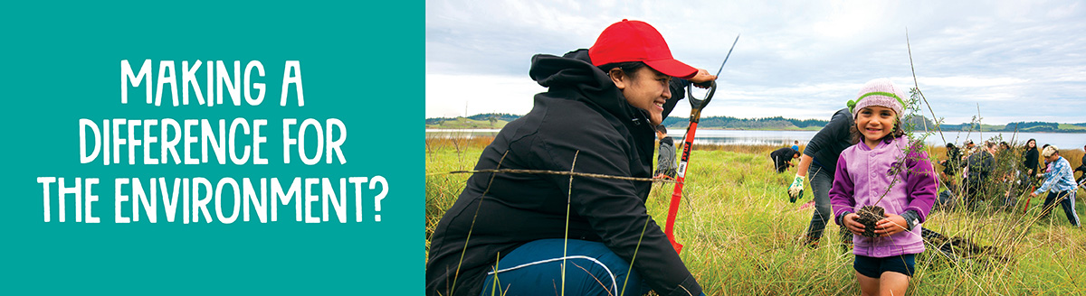 Environmental awards banner with woman and child planting.