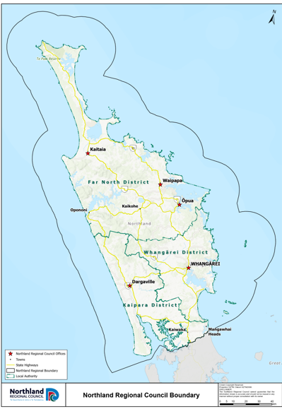 Map of Northland showing district boundaries.