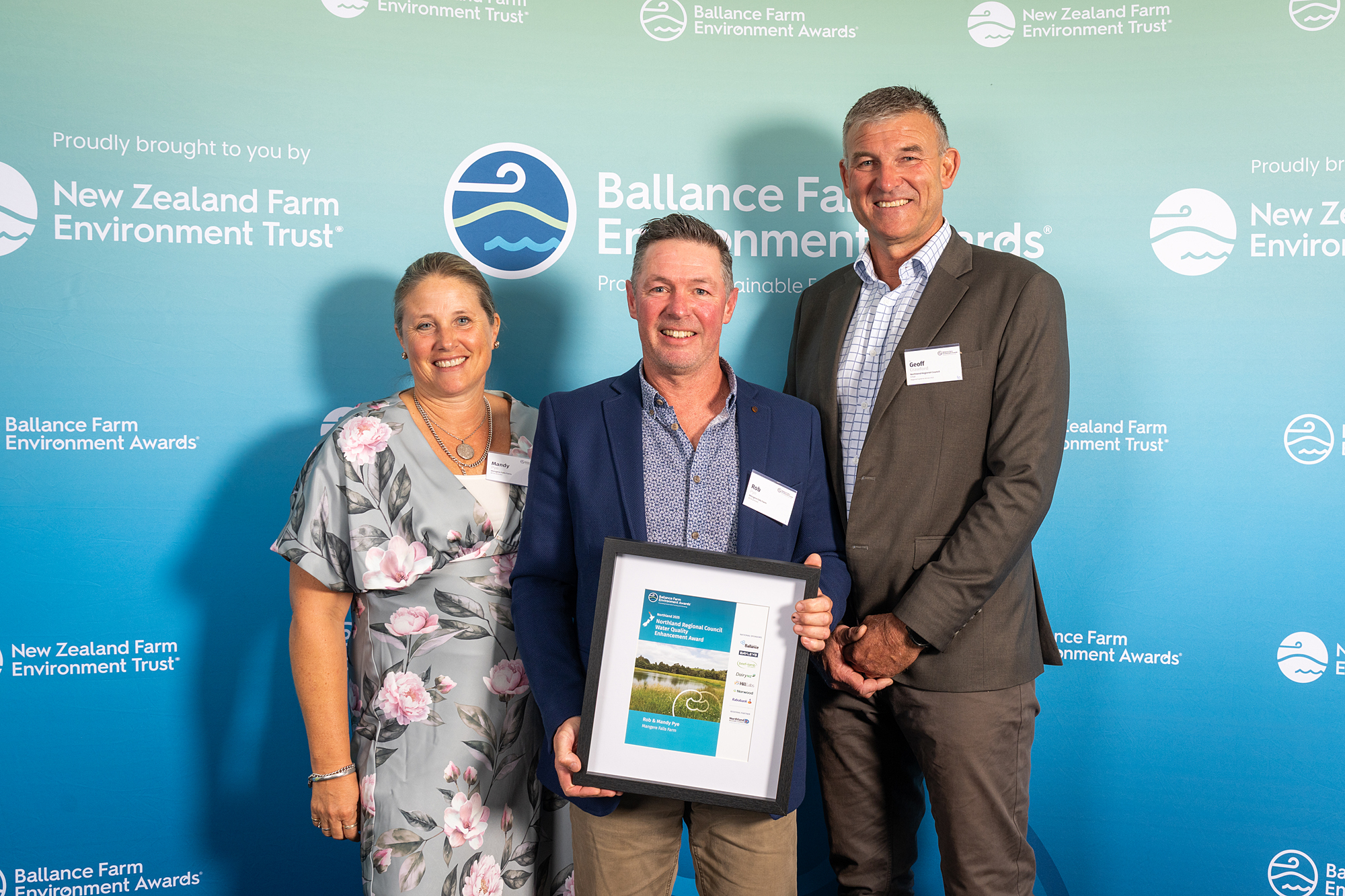 Photo of Northland Regional Council Chair Geoff Crawford (right) with Rob and Mandy Pye of Mangere Falls Farm, winners of the Northland Regional Council Water Quality Enhancement Award for 2025.