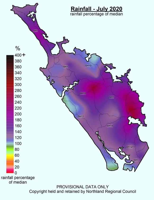 Rainfall % median map for June 2020 to July 2020.