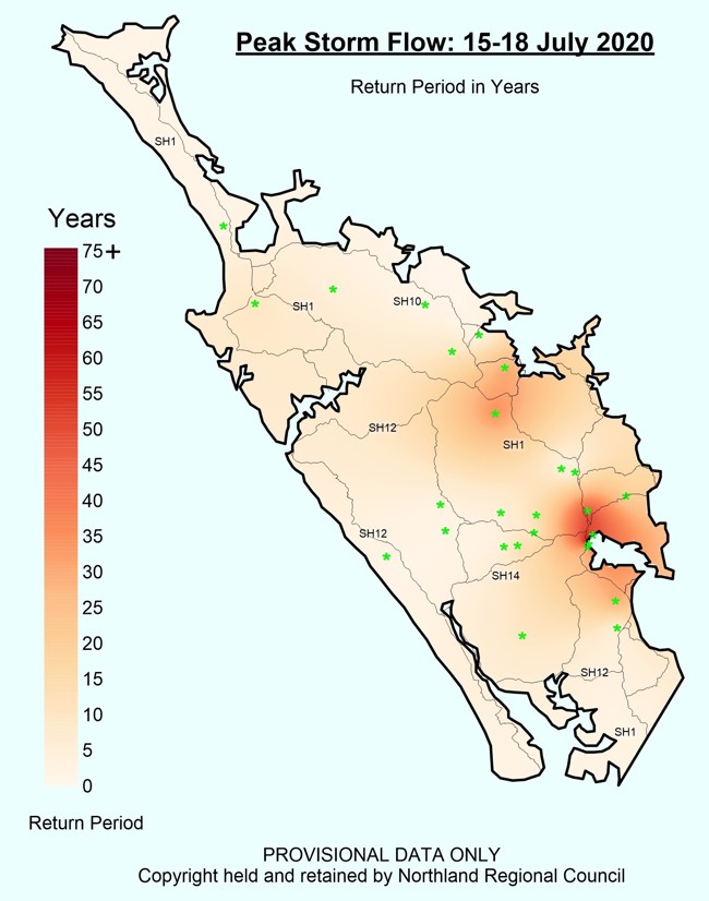 Peak storm flow map 15-18 July 2020.