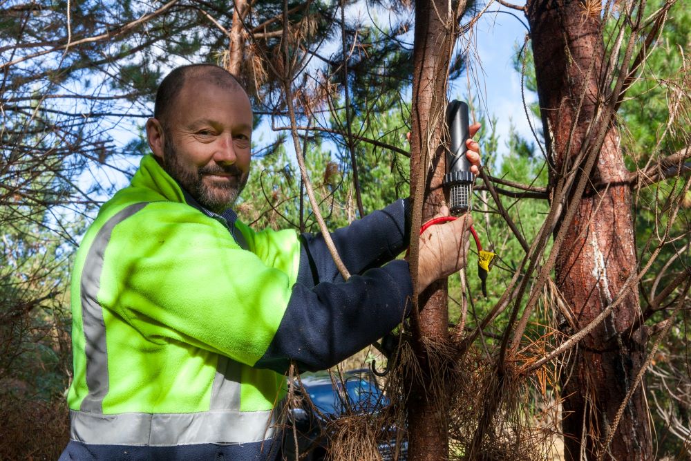 Man tying equipment to a tree.