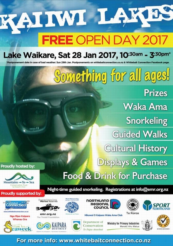 Kai Iwi Lakes Open Day information poster.