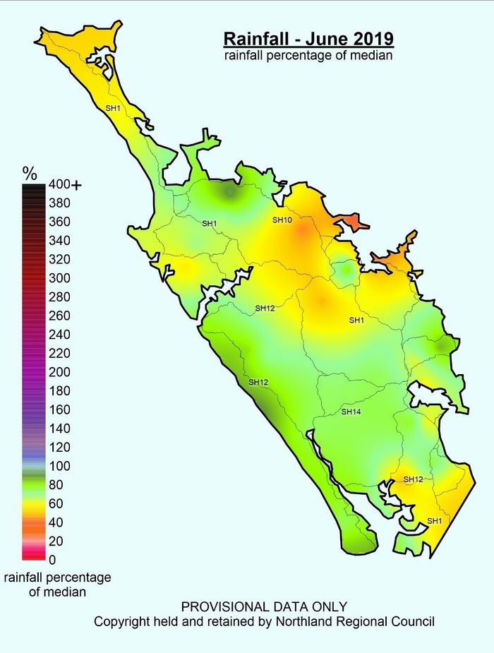 Rainfall percentage of median June 2019.