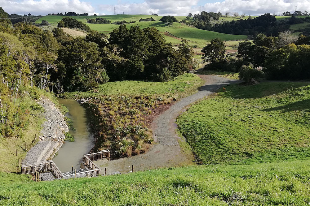 Whangārei’s Hopua te Nihotetea water detention dam with not much water.