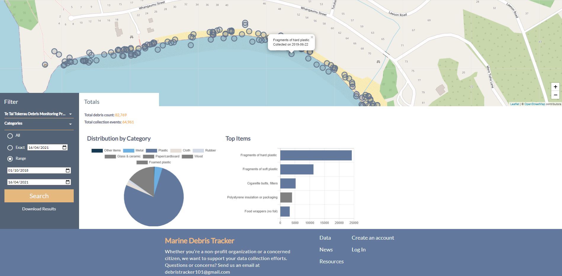 An example of the TTTDMP map using Marine Debris Tracker at Whangaumu Bay.