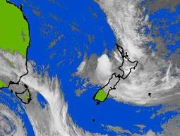 Weather map showing storm clouds over Northland.