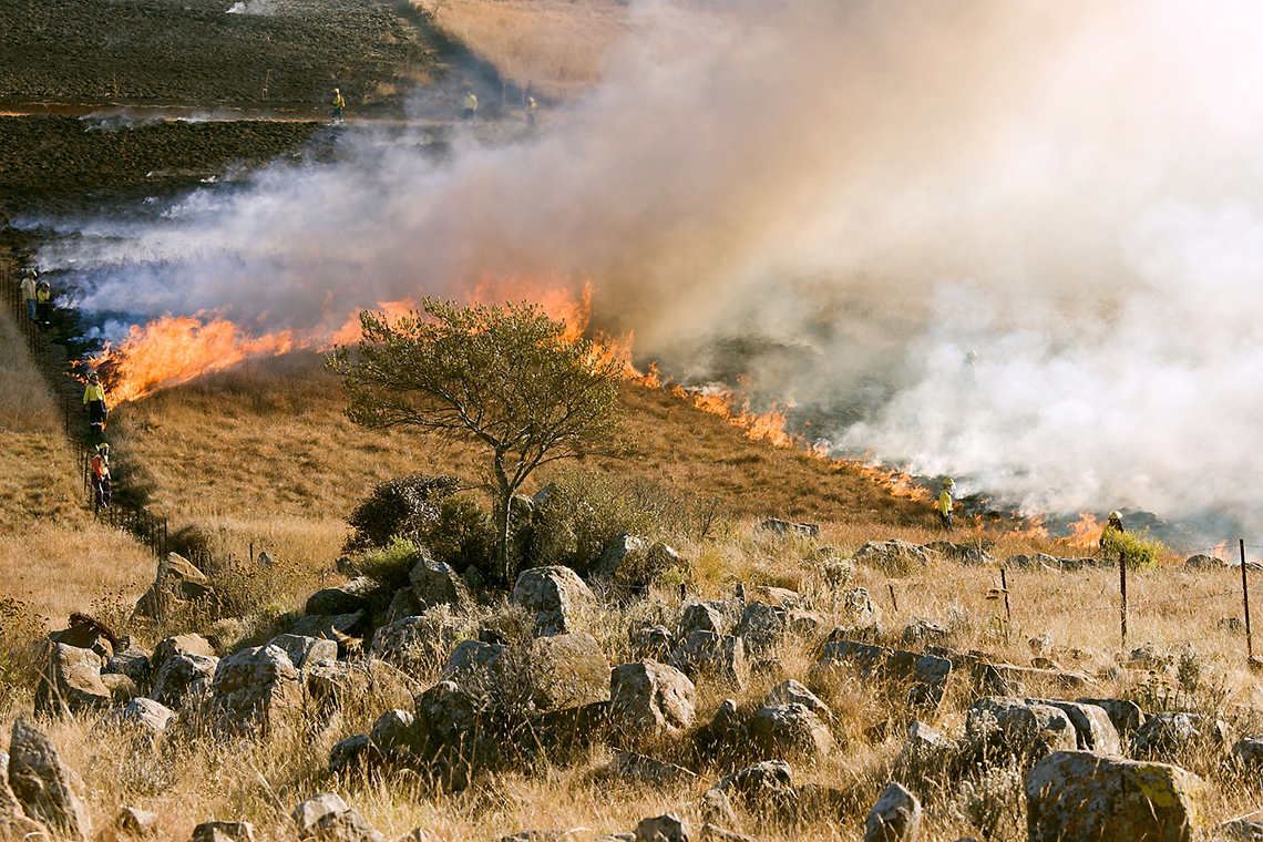 Fire on rural property, with rocks in foreground and firefighters on the fence line.