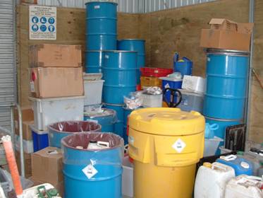 Chemicals in storage awaiting disposal.