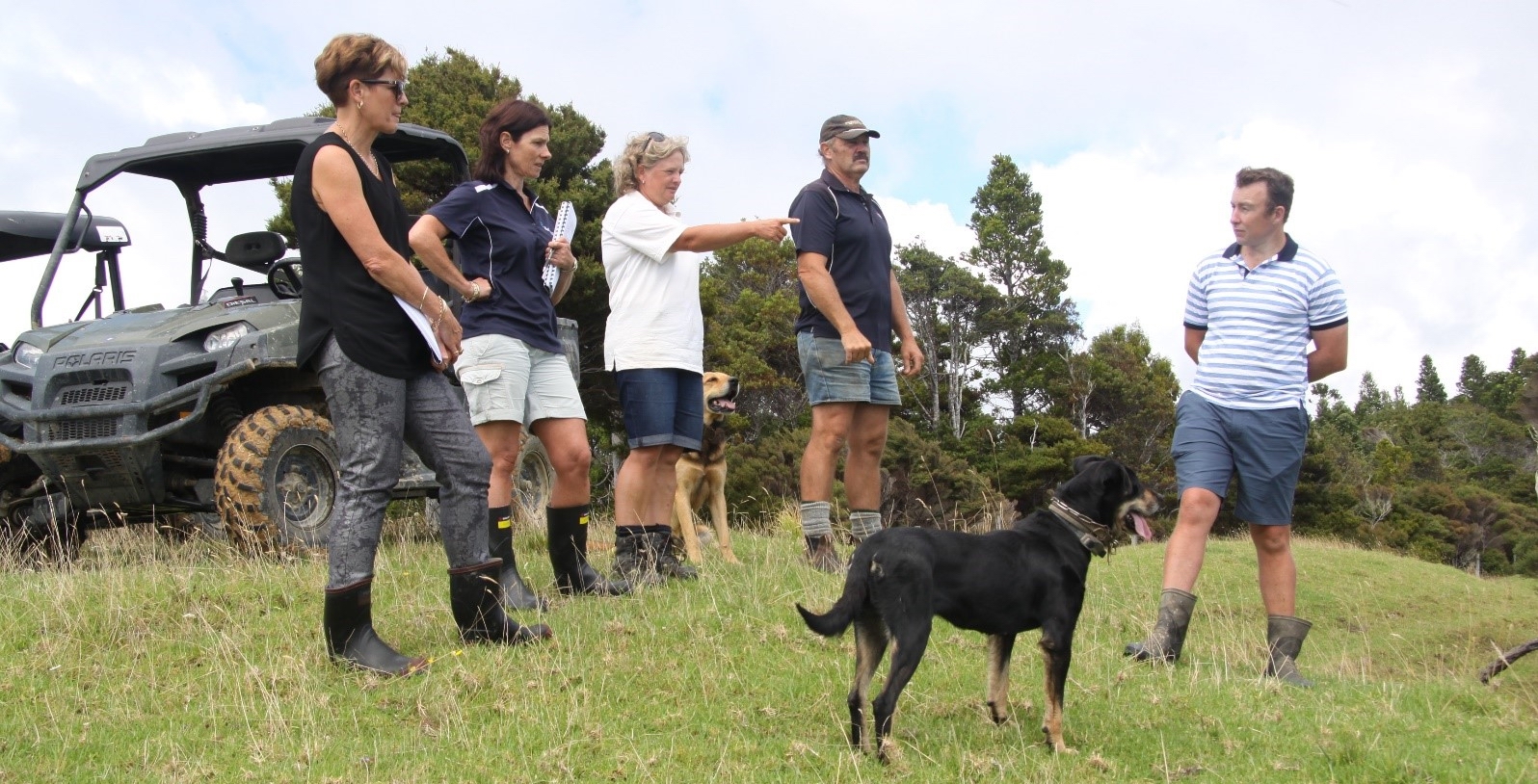 Greta and Craig Harman (3rd and 4th from the left) showing people around their farm in Whananaki.