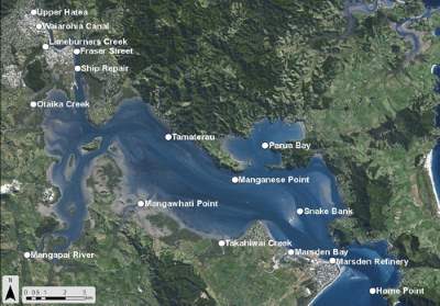 Sub-tidal sediment sampling sites in Whāngārei Harbour in 2010.