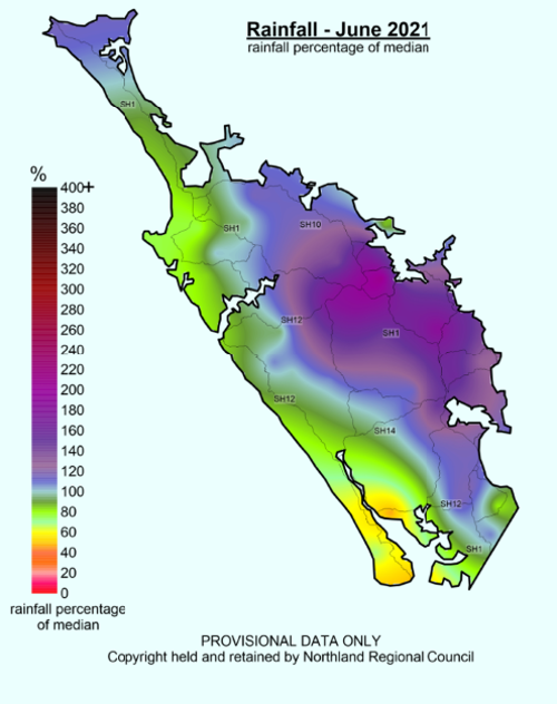 Map displaying rainfall percentage of median for June 2021.
