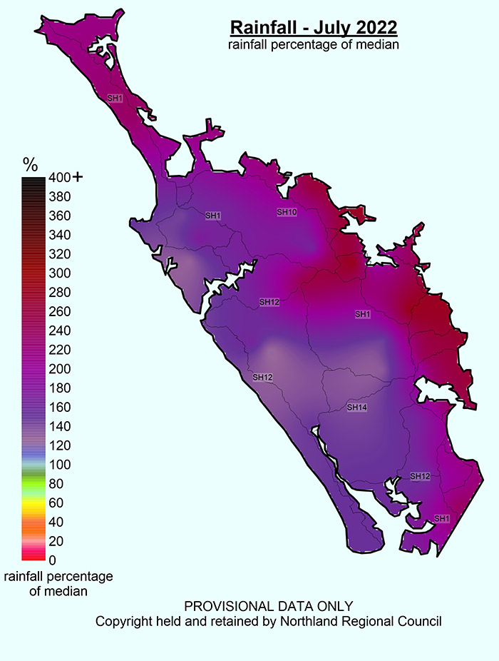 Rainfall (% of Median) for July 2022 across Northland.