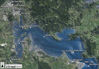 Water quality monitoring sites in Whāngārei Harbour 2010-2011.