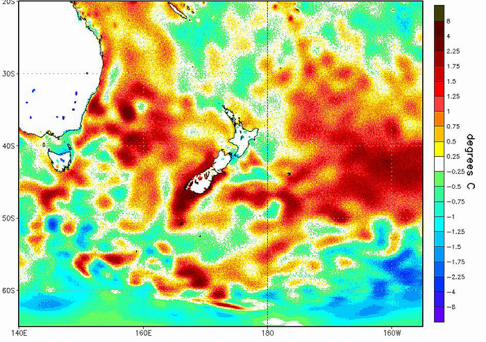 Map - Recent sea surface temperature anomalies.