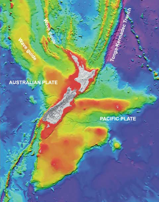 A coloured map of New Zealand with the sources of tsunami, Australian Plate, Pacific Plate and Tonga-Kermadec Trench highlighted.