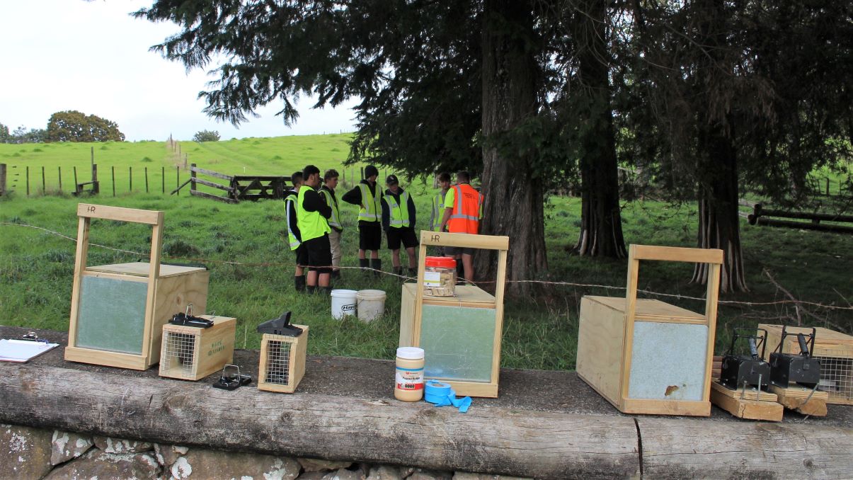 Pest traps on a wall with people in background.