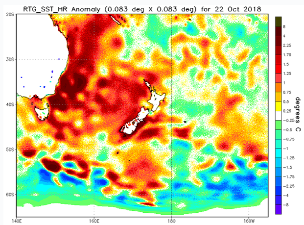 Map displaying sea temperatures around New Zealand for 22 October 2018.