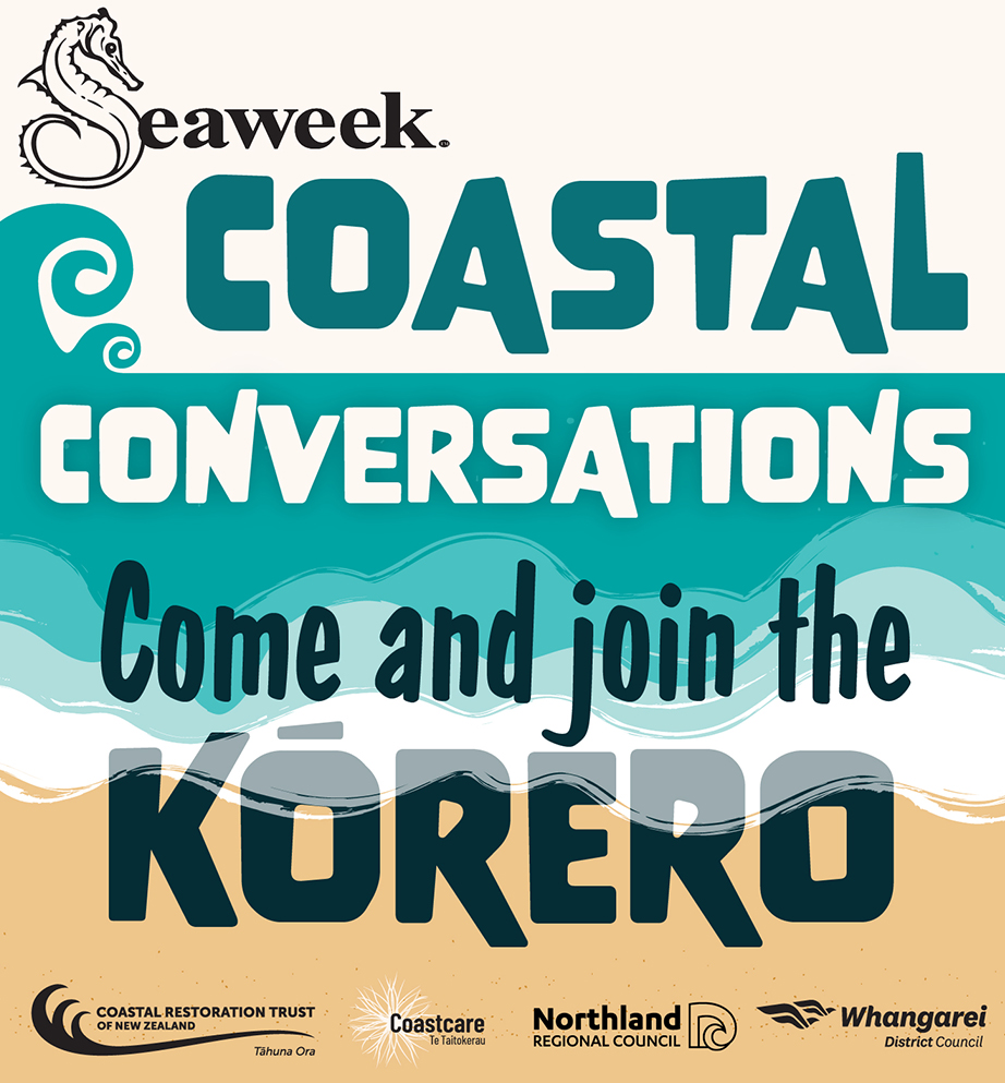 Promotional image for coastal conversations to come and join the kōrero. Displays logos for CoastCare, NRC, WDC and Coastal Restoration Trust of NZ.